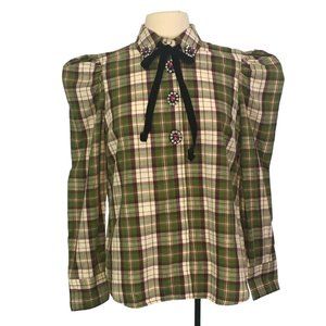 River Island Womens Green‎ Pink Plaid Rhinestone Blouse, Shirt, Cottagecore S